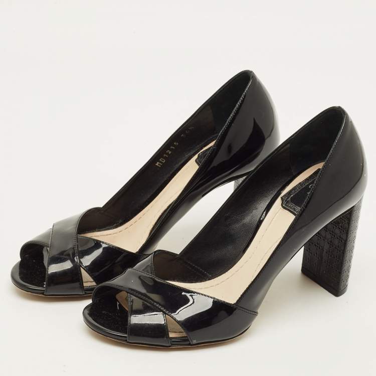 Pre Owned Dior Size 36.5 Black Patent Leather Peep Toe  Cannage Heel Pumps