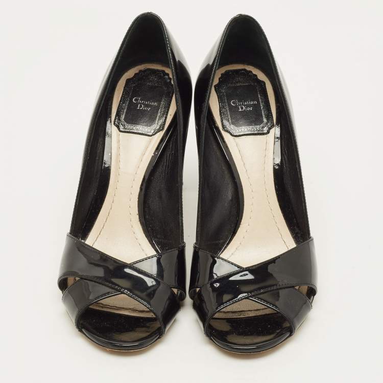 Pre Owned Dior Size 36.5 Black Patent Leather Peep Toe  Cannage Heel Pumps