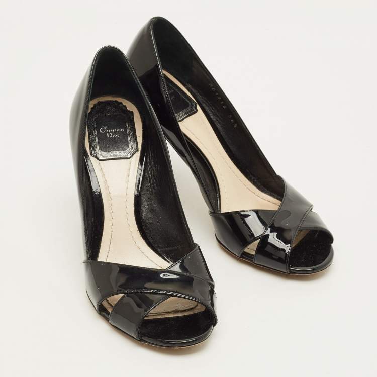 Pre Owned Dior Size 36.5 Black Patent Leather Peep Toe  Cannage Heel Pumps