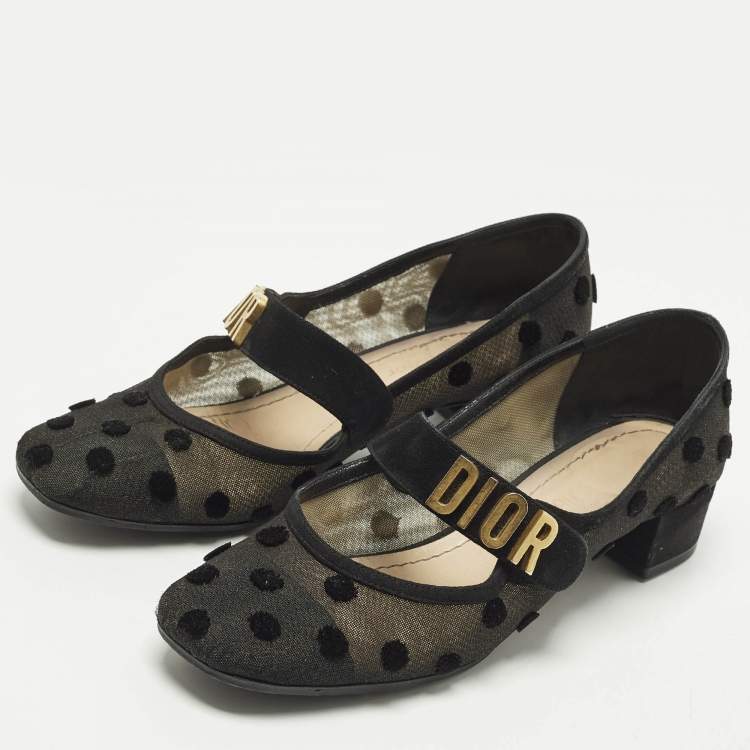 Pre Owned Dior Baby-D Size 36 Black Polka Dot Mesh and Suede Mary Jane Pumps