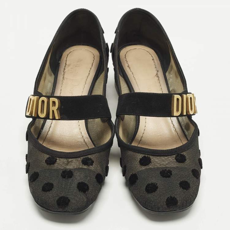 Pre Owned Dior Baby-D Size 36 Black Polka Dot Mesh and Suede Mary Jane Pumps
