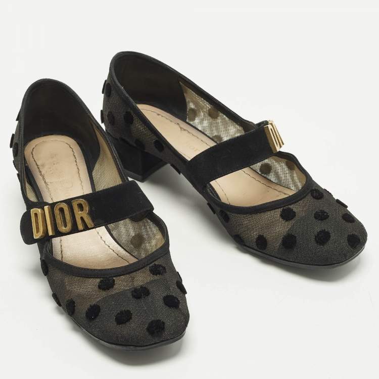 Pre Owned Dior Baby-D Size 36 Black Polka Dot Mesh and Suede Mary Jane Pumps