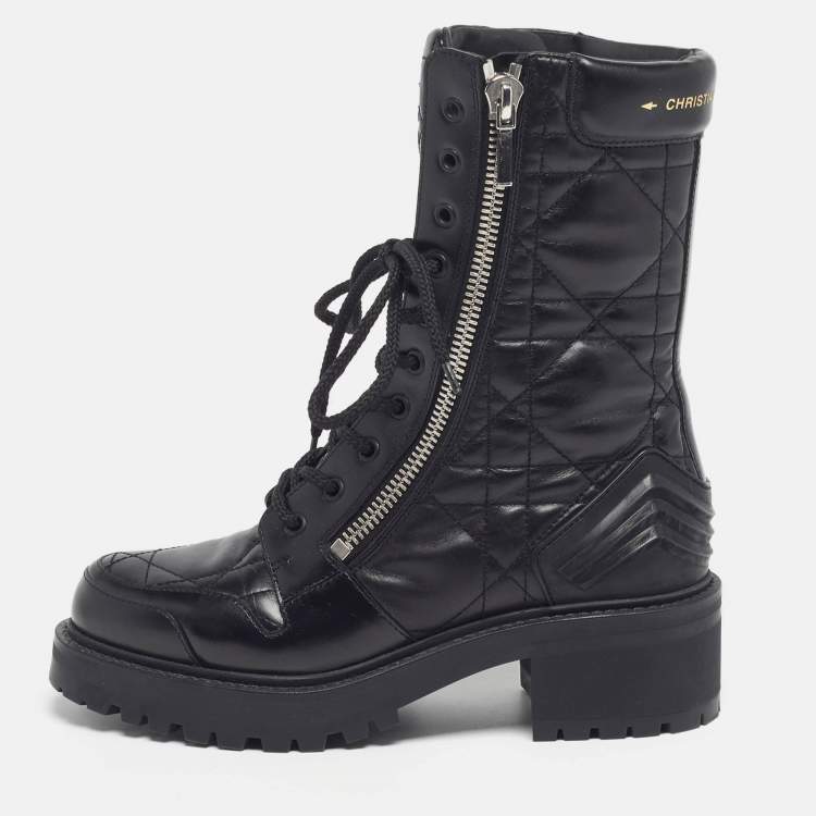 Pre Owned Dior D-Leader Size 37 Black Cannage Leather Combat Boots