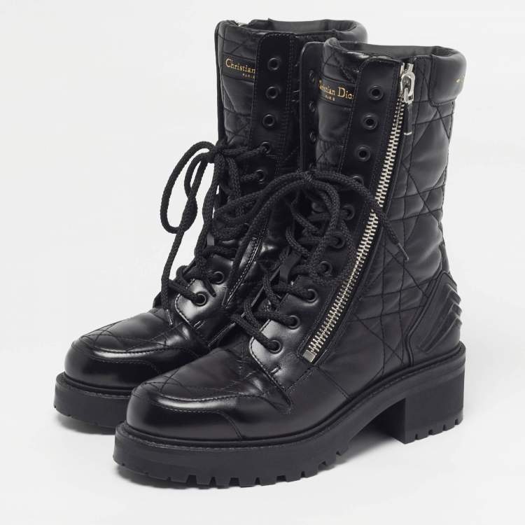 Pre Owned Dior D-Leader Size 37 Black Cannage Leather Combat Boots