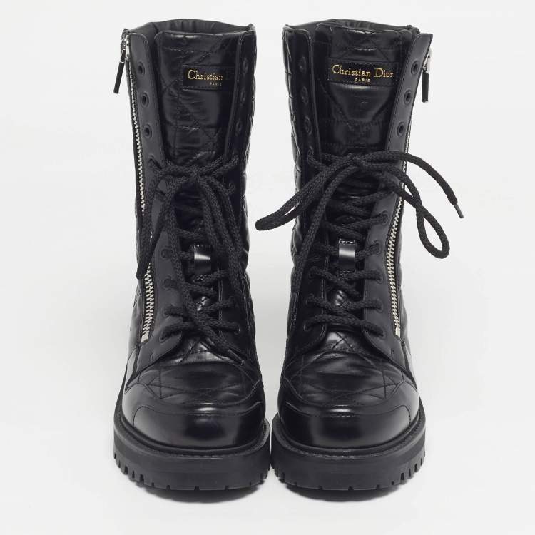 Pre Owned Dior D-Leader Size 37 Black Cannage Leather Combat Boots