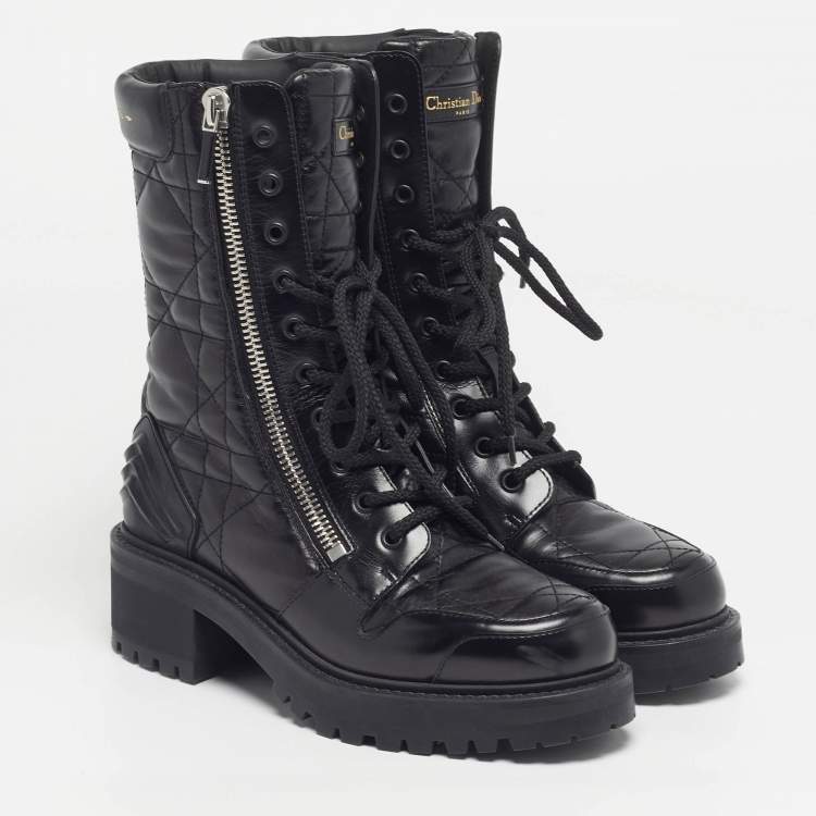 Pre Owned Dior D-Leader Size 37 Black Cannage Leather Combat Boots