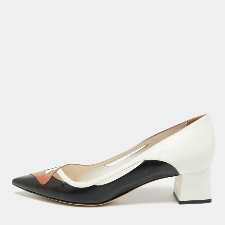 Pre Owned Dior Size 40.5 Tri Color Leather Block Heel Pointed Toe Pumps