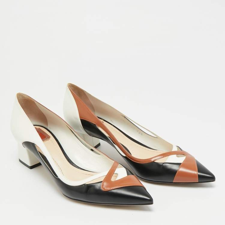Pre Owned Dior Size 40.5 Tri Color Leather Block Heel Pointed Toe Pumps