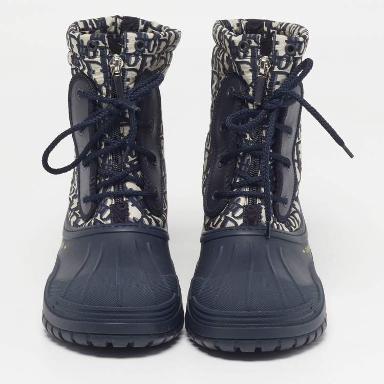Pre Owned Dior D-Venture Size 40 Navy Blue Oblique Fabric and Rubber Combat Boots