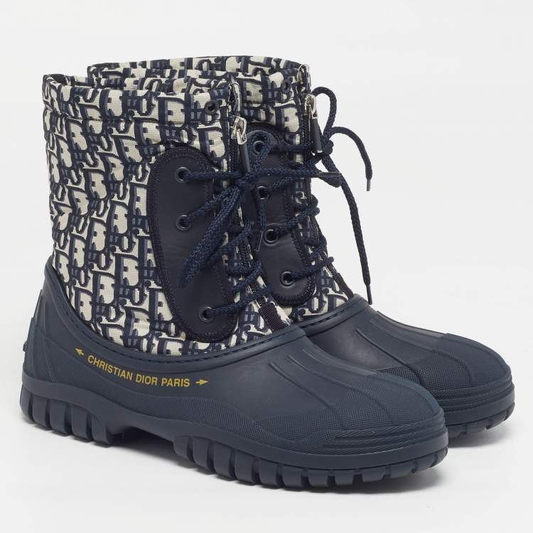 Pre Owned Dior D-Venture Size 40 Navy Blue Oblique Fabric and Rubber Combat Boots