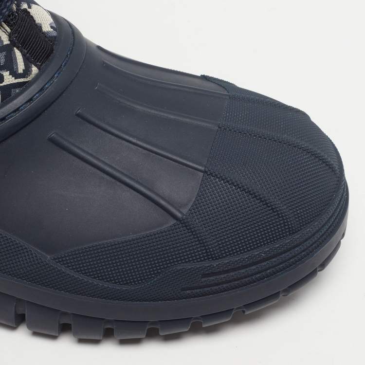 Pre Owned Dior D-Venture Size 40 Navy Blue Oblique Fabric and Rubber Combat Boots