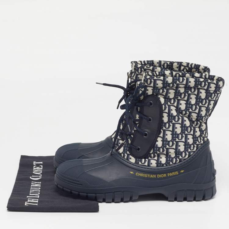 Pre Owned Dior D-Venture Size 40 Navy Blue Oblique Fabric and Rubber Combat Boots
