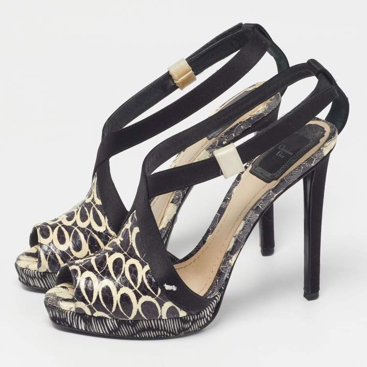 Pre Owned Dior Size 36.5 Black/White Satin and Water Snakeskin Ankle Strap Sandals