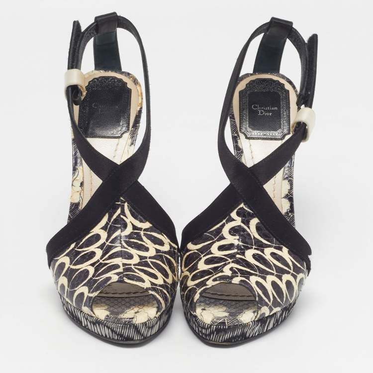 Pre Owned Dior Size 36.5 Black/White Satin and Water Snakeskin Ankle Strap Sandals
