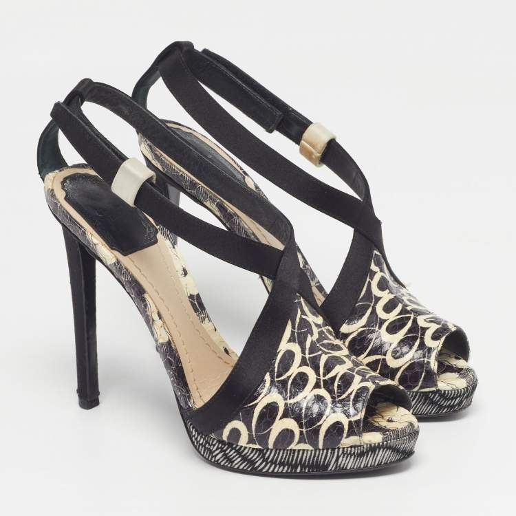 Pre Owned Dior Size 36.5 Black/White Satin and Water Snakeskin Ankle Strap Sandals