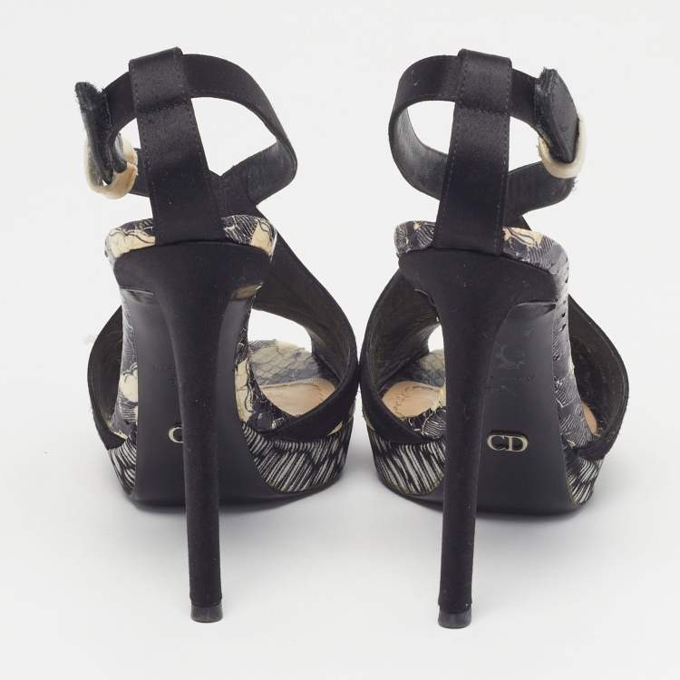 Pre Owned Dior Size 36.5 Black/White Satin and Water Snakeskin Ankle Strap Sandals