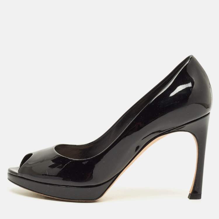 Pre Owned Dior Diorella Size 37 Black Patent Leather Peep Toe Pumps