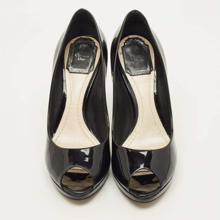 Pre Owned Dior Diorella Size 37 Black Patent Leather Peep Toe Pumps