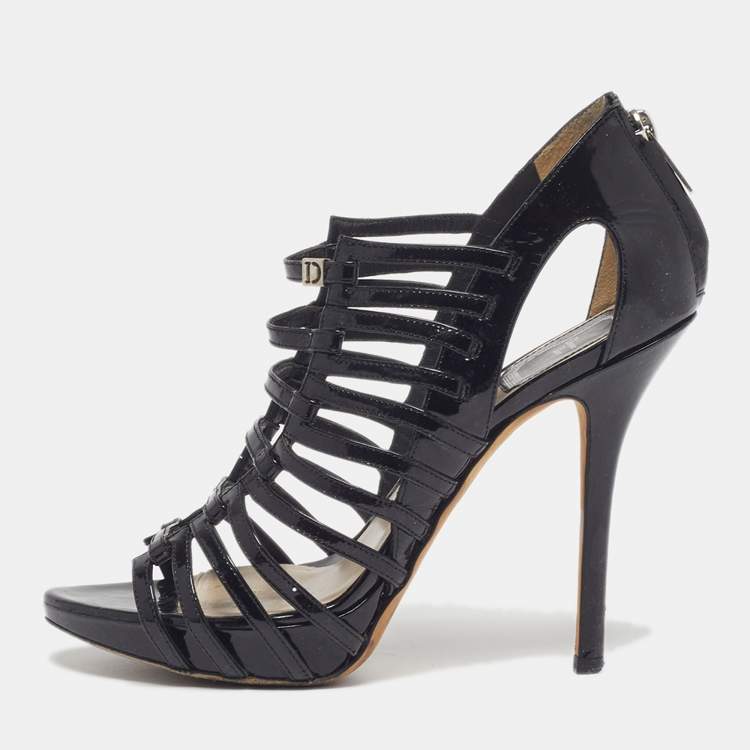 Pre Owned Dior Size 36.5 Black Patent Leather Caged Strappy Sandals