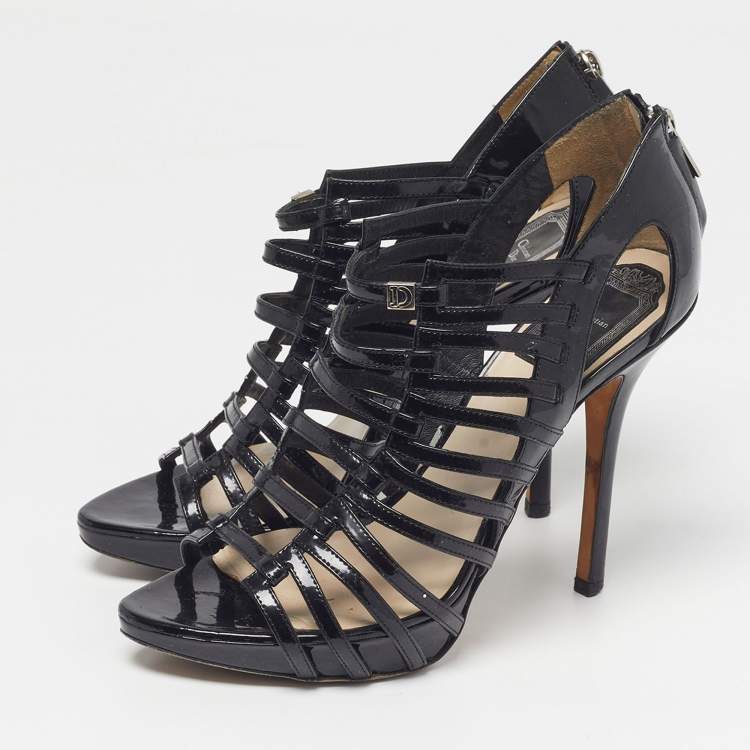 Pre Owned Dior Size 36.5 Black Patent Leather Caged Strappy Sandals