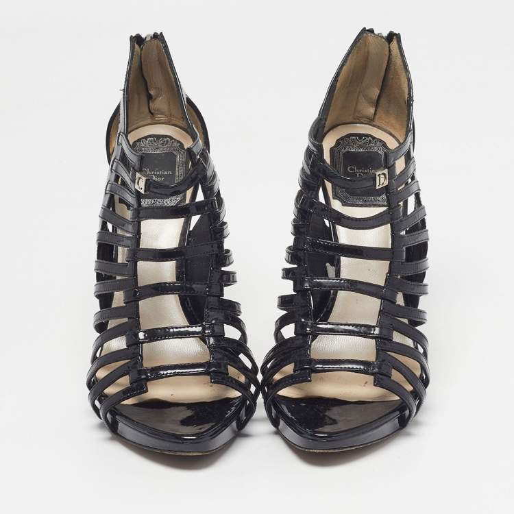 Pre Owned Dior Size 36.5 Black Patent Leather Caged Strappy Sandals
