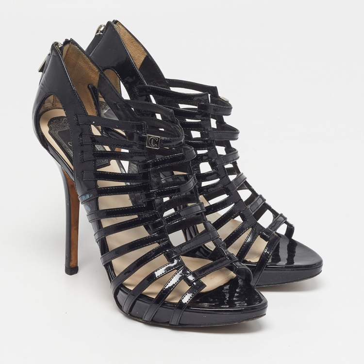 Pre Owned Dior Size 36.5 Black Patent Leather Caged Strappy Sandals