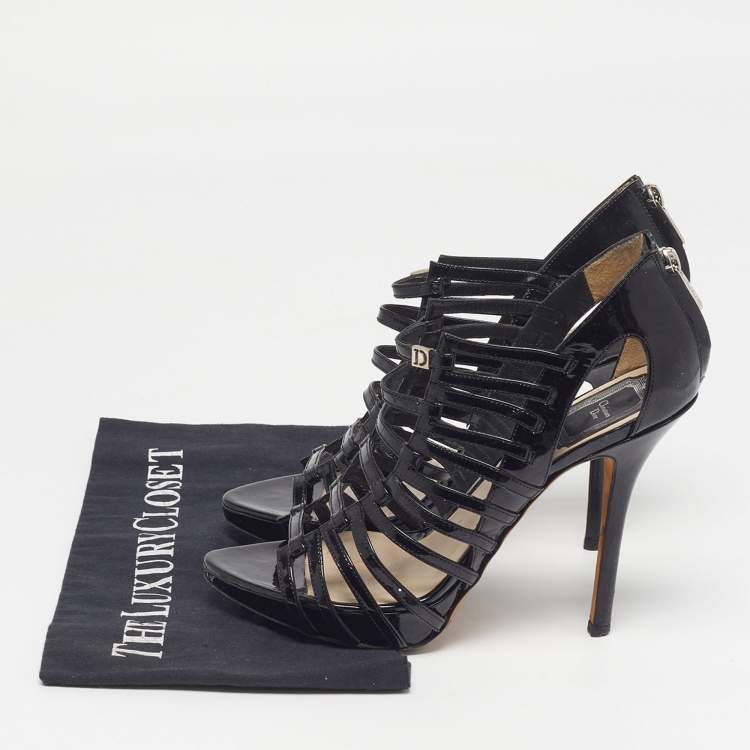 Pre Owned Dior Size 36.5 Black Patent Leather Caged Strappy Sandals