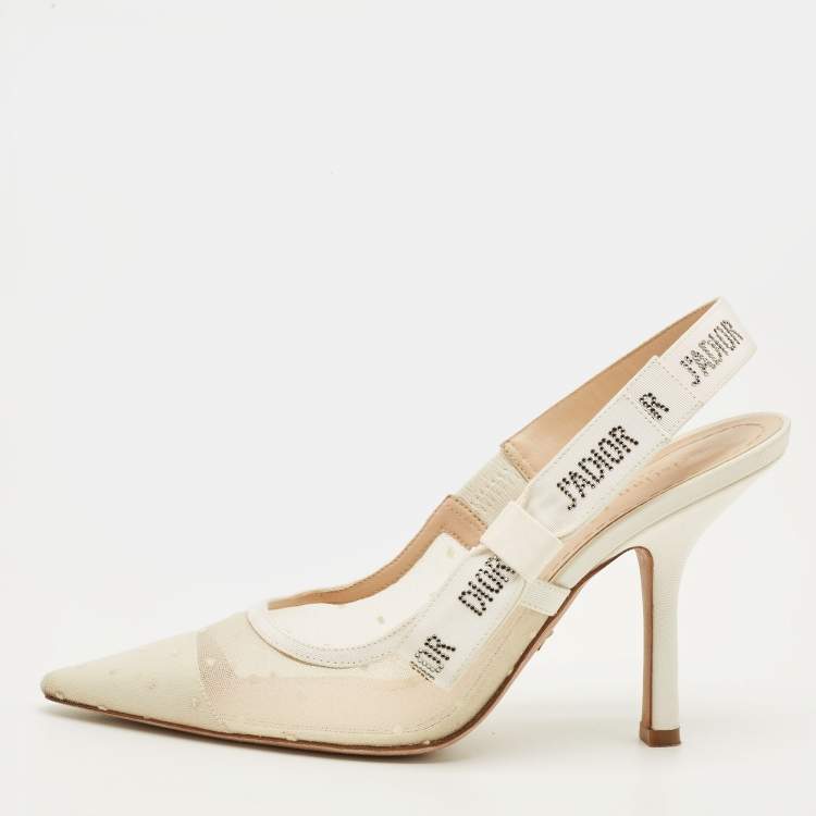 Pre Owned Dior J'Adior Size 38.5 White Canvas and Mesh Embellishment Slingback Pumps