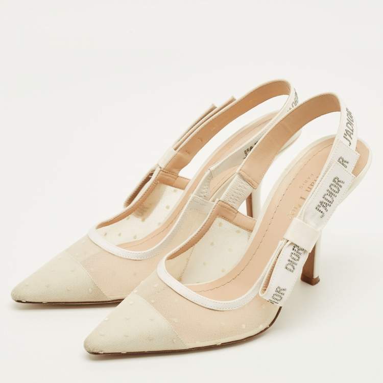 Pre Owned Dior J'Adior Size 38.5 White Canvas and Mesh Embellishment Slingback Pumps