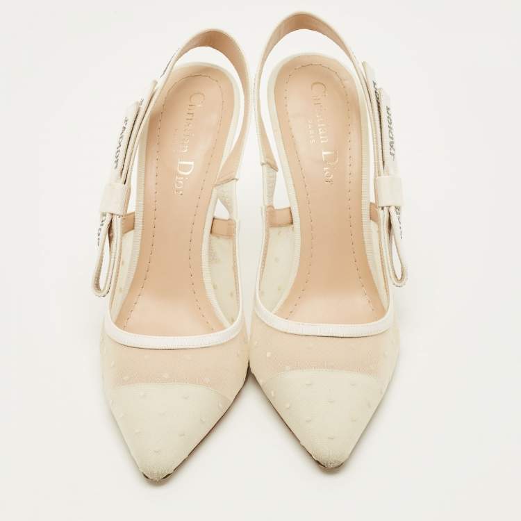 Pre Owned Dior J'Adior Size 38.5 White Canvas and Mesh Embellishment Slingback Pumps
