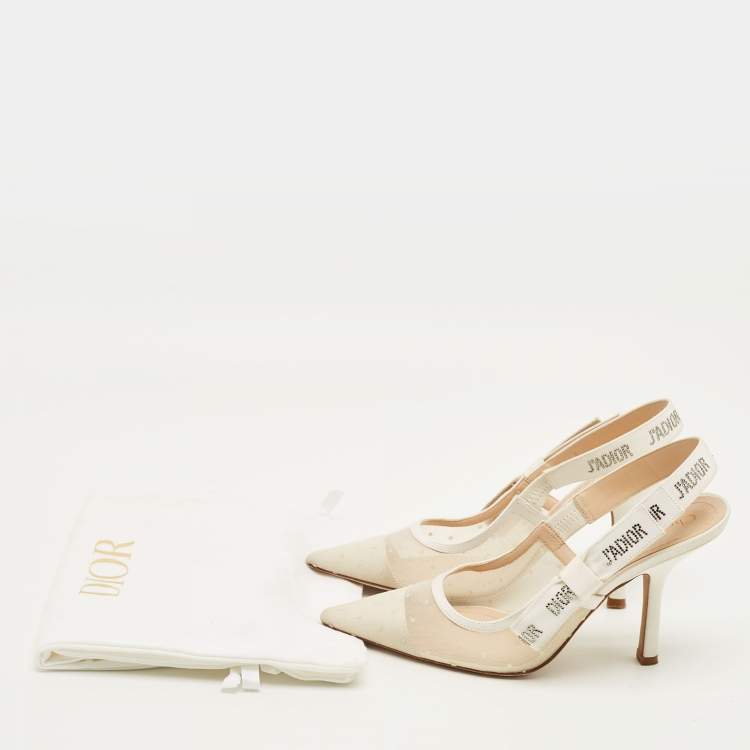 Pre Owned Dior J'Adior Size 38.5 White Canvas and Mesh Embellishment Slingback Pumps
