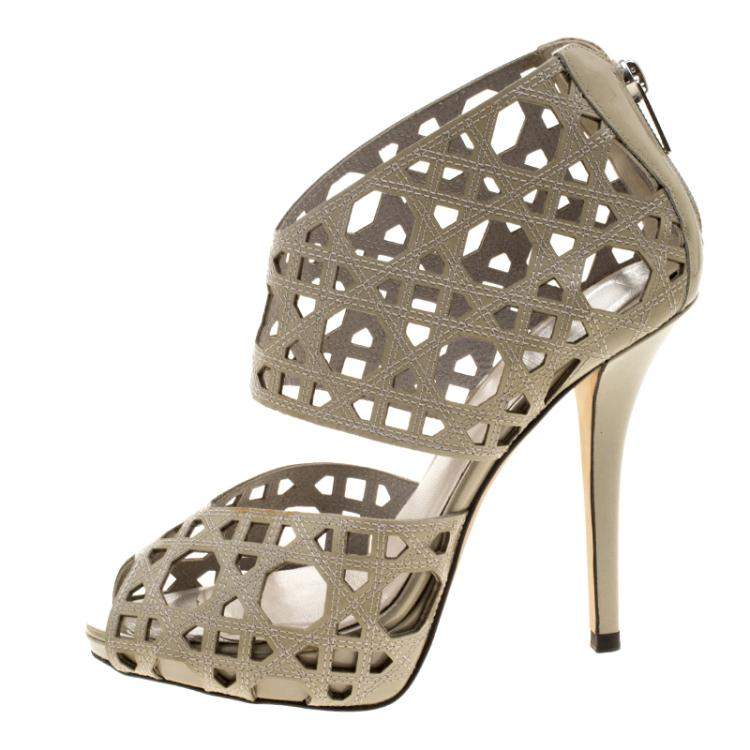 Pre Owned Dior Khaki Cutout Cannage Leather Miss Dior Caged Sandals Size 36