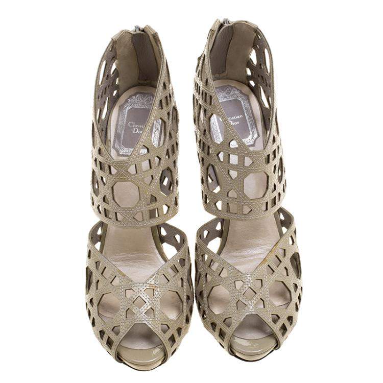 Pre Owned Dior Khaki Cutout Cannage Leather Miss Dior Caged Sandals Size 36