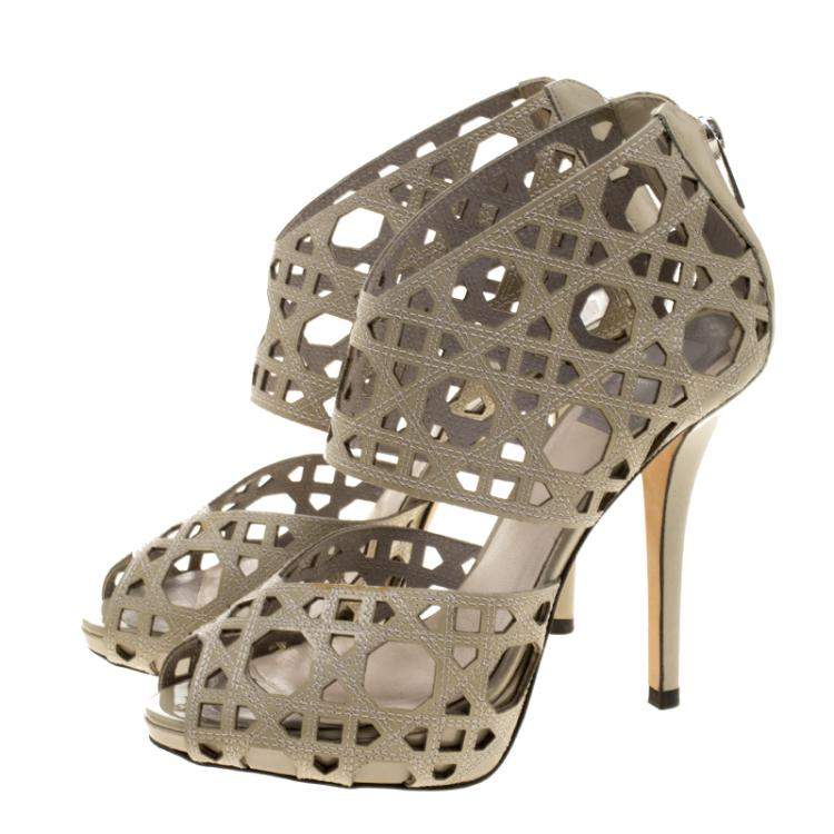 Pre Owned Dior Khaki Cutout Cannage Leather Miss Dior Caged Sandals Size 36