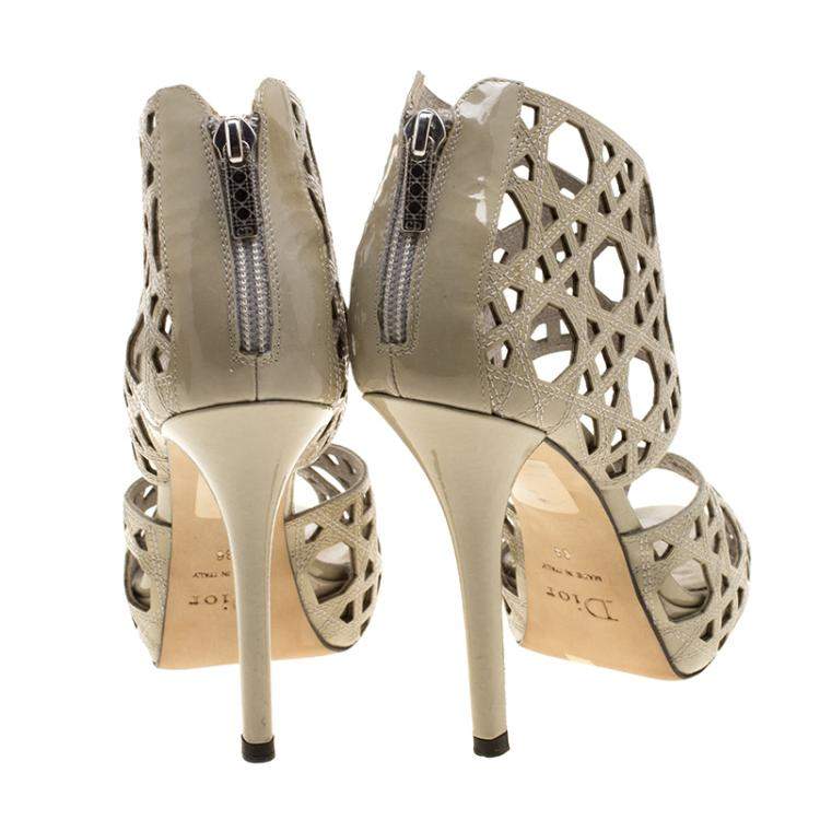 Pre Owned Dior Khaki Cutout Cannage Leather Miss Dior Caged Sandals Size 36