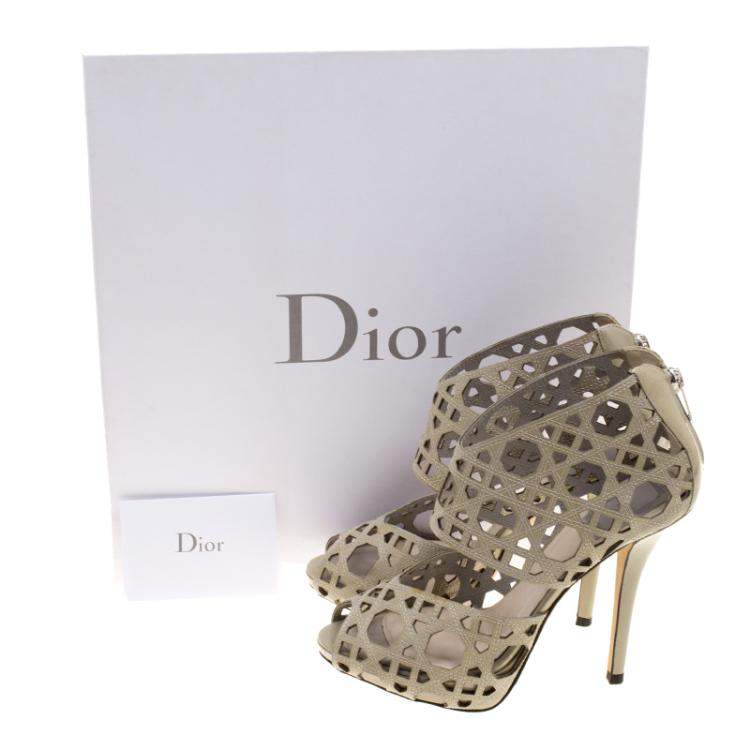 Pre Owned Dior Khaki Cutout Cannage Leather Miss Dior Caged Sandals Size 36