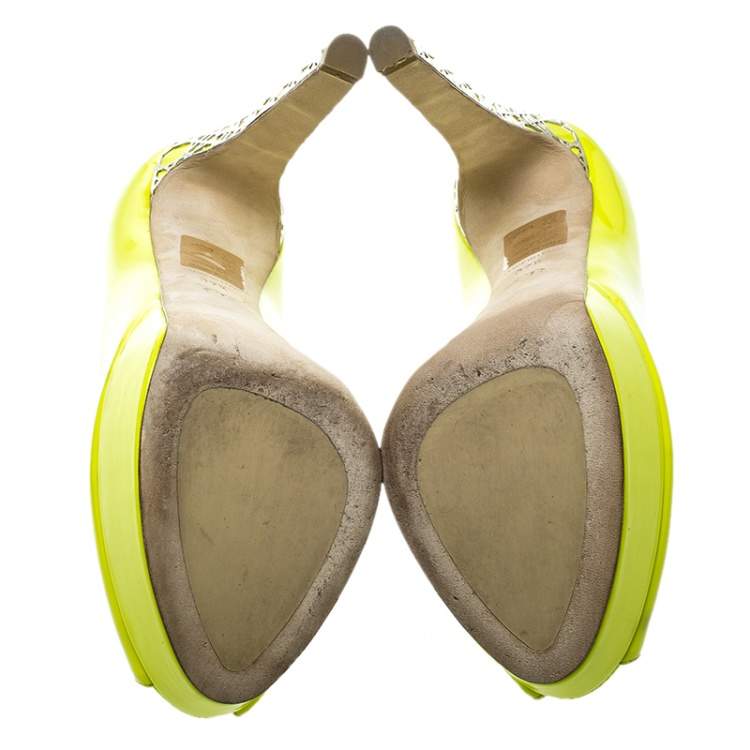 Pre Owned Dior Lime Green Patent Leather Peep Toe Cannage Heel Platform Pumps Size 37.5