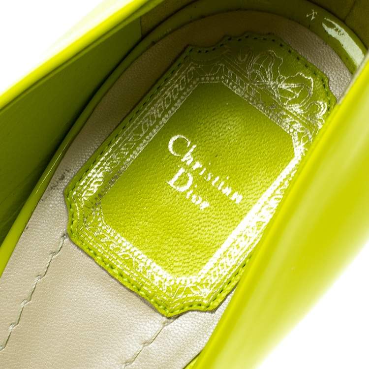 Pre Owned Dior Lime Green Patent Leather Peep Toe Cannage Heel Platform Pumps Size 37.5