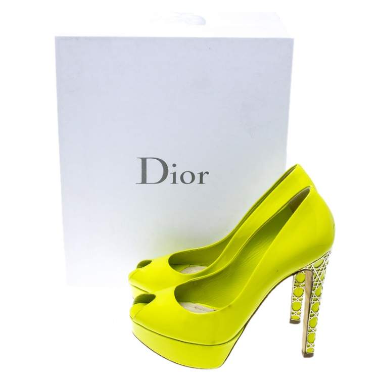 Pre Owned Dior Lime Green Patent Leather Peep Toe Cannage Heel Platform Pumps Size 37.5