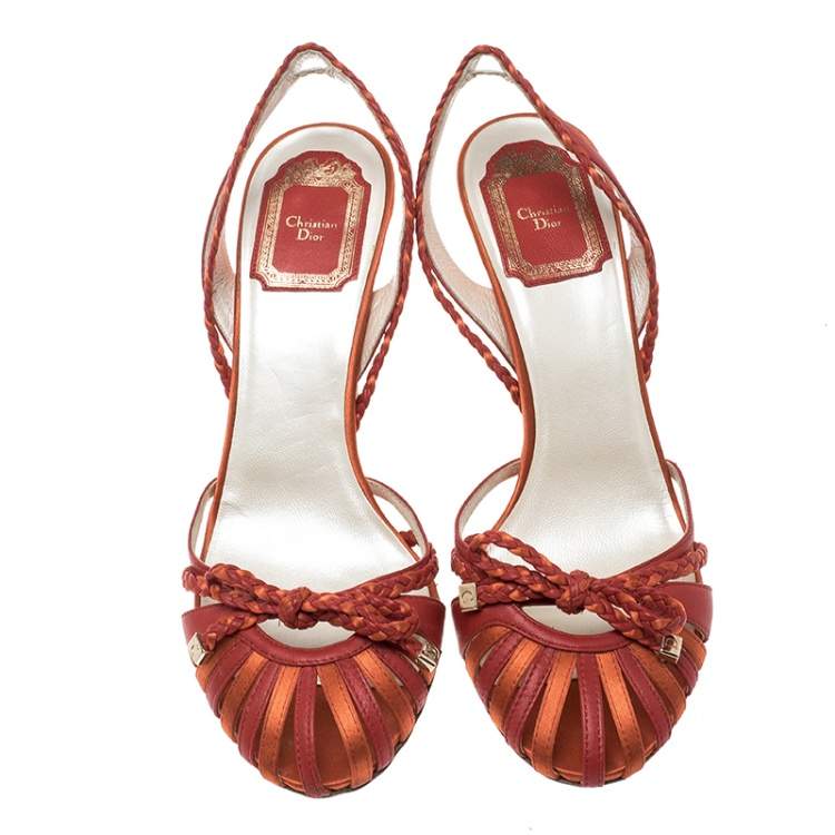 Pre Owned Dior Two Tone Leather And Satin Braid Bow Slingback Sandals Size 37.5