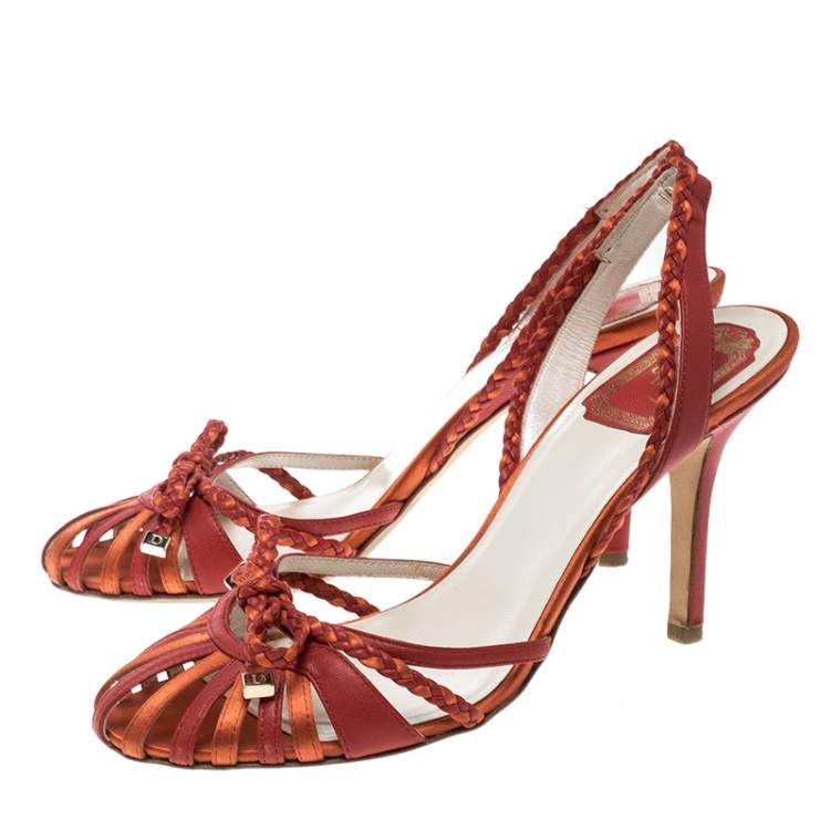 Pre Owned Dior Two Tone Leather And Satin Braid Bow Slingback Sandals Size 37.5