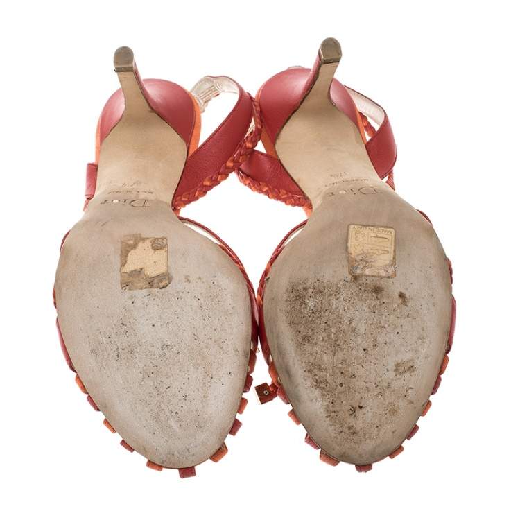 Pre Owned Dior Two Tone Leather And Satin Braid Bow Slingback Sandals Size 37.5