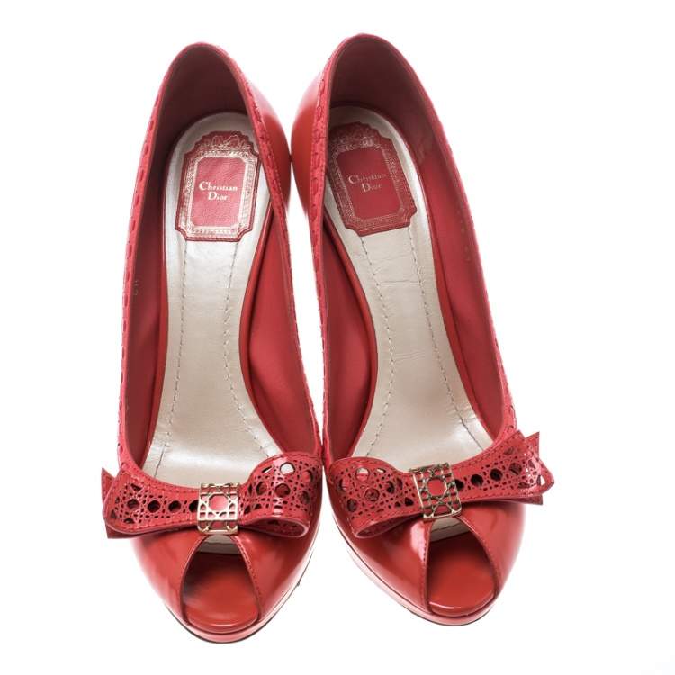 Pre Owned Dior Coral Leather Bow Peep Toe Platform Pumps Size 41