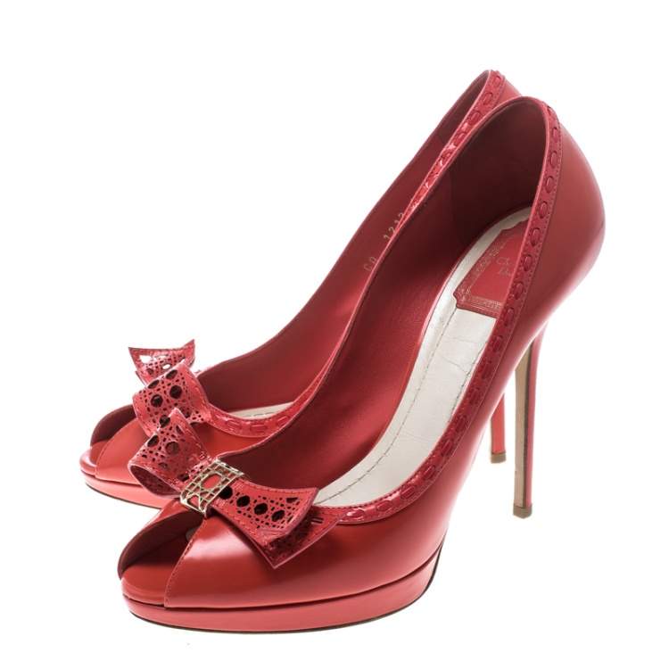 Pre Owned Dior Coral Leather Bow Peep Toe Platform Pumps Size 41