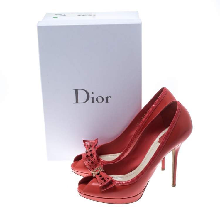 Pre Owned Dior Coral Leather Bow Peep Toe Platform Pumps Size 41