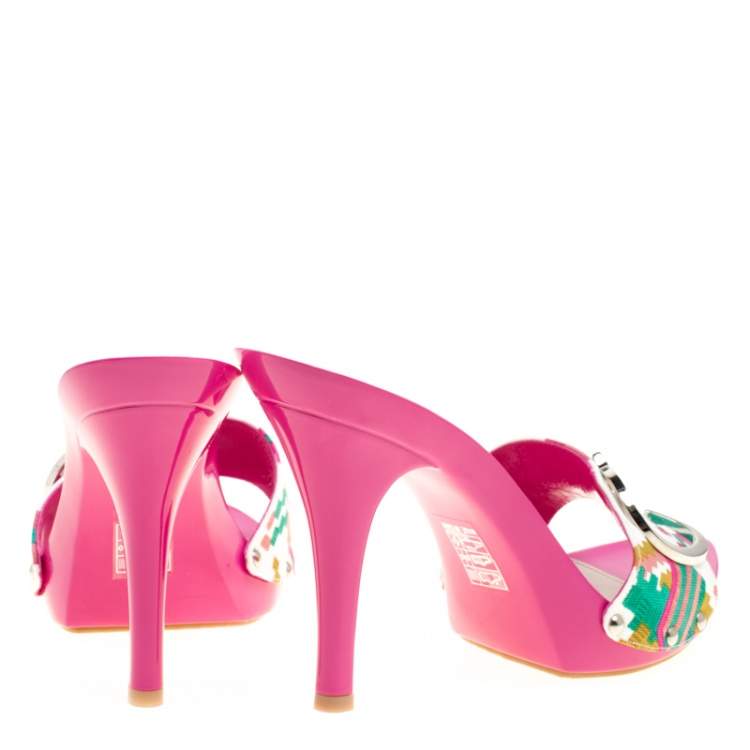 Pre Owned Dior Multicolor Printed Cotton Peep Toe Slide Clogs Size 39.5