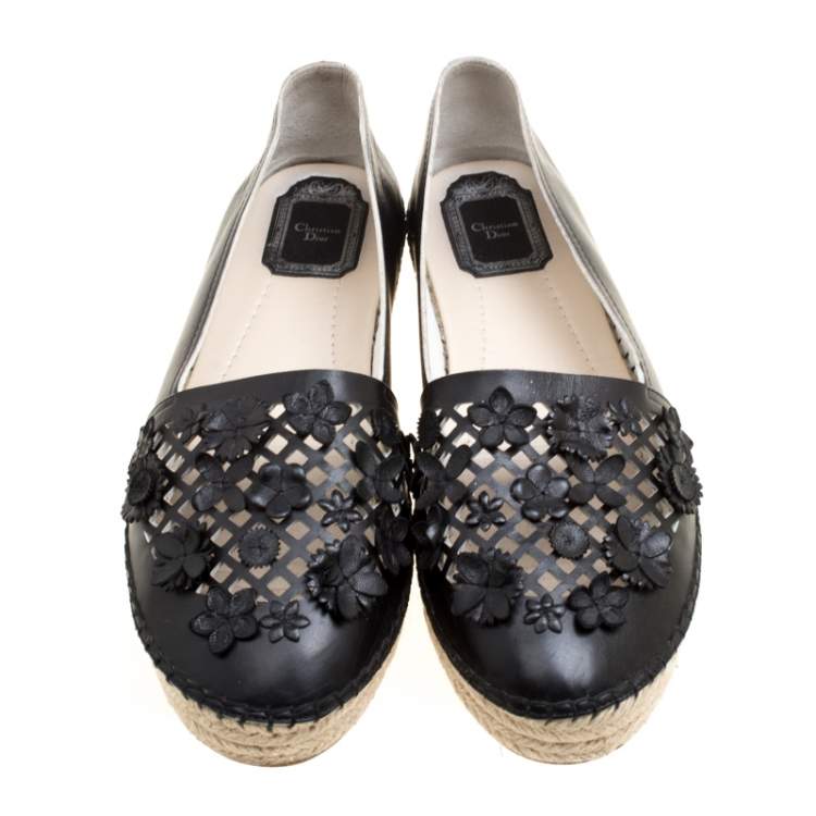 Pre Owned Dior Black Laser Cut Floral Embellished Leather Flore Espadrilles Size 39