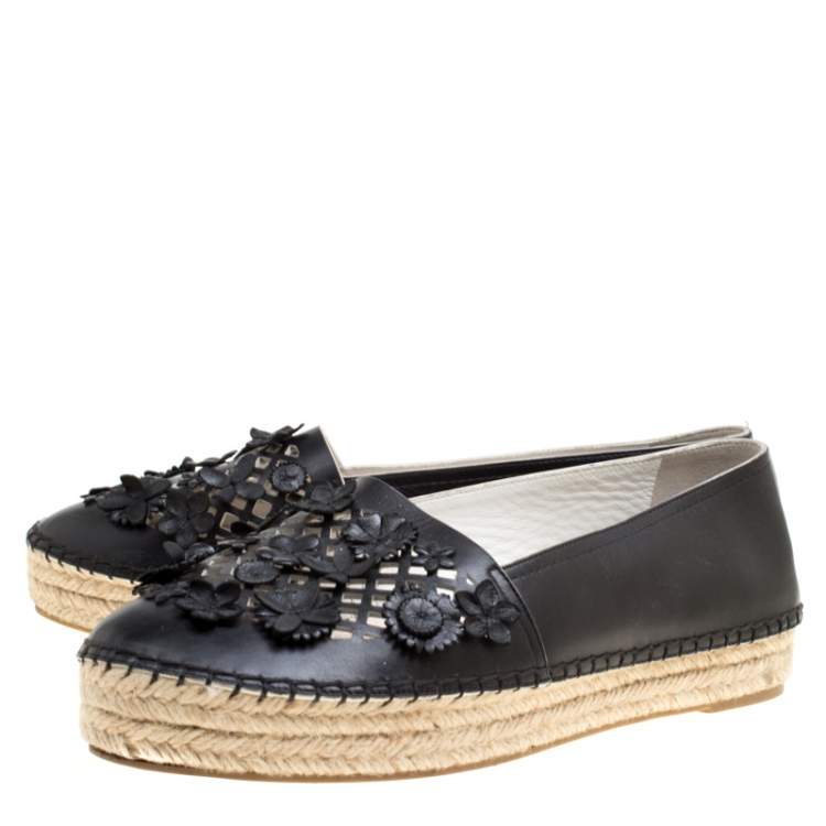Pre Owned Dior Black Laser Cut Floral Embellished Leather Flore Espadrilles Size 39