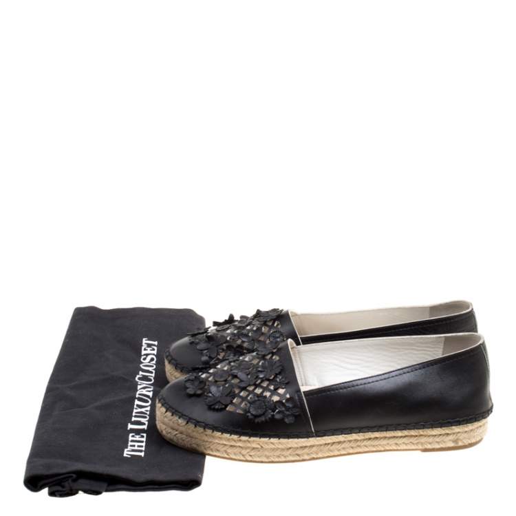 Pre Owned Dior Black Laser Cut Floral Embellished Leather Flore Espadrilles Size 39