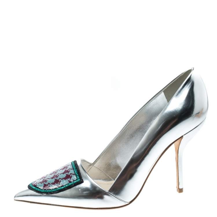 Pre Owned Dior Silver Leather and Sequin Pointed Toe Pumps Size 37